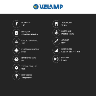 Velamp Torcia LED COB 1W pila 9V Tascabile