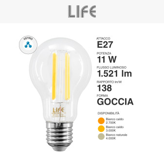 Lampadina LED E27 11W A60 Goccia Filament Vetro Trasparente Life