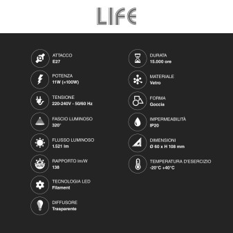 Lampadina LED E27 11W A60 Goccia Filament Vetro Trasparente Life