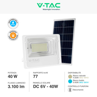 VT-200W Faro LED 40W IP65 Pannello Solare con Telecomando V-Tac