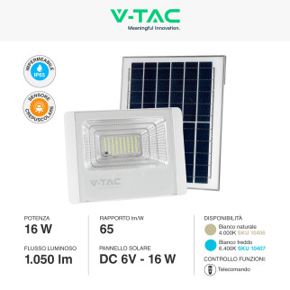 VT-40W Faro LED 16W IP65 Pannello Solare con Telecomando V-Tac