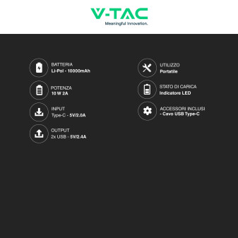 VT-3527 Power Bank 10000mAh Portatile Ricarica Rapida V-Tac