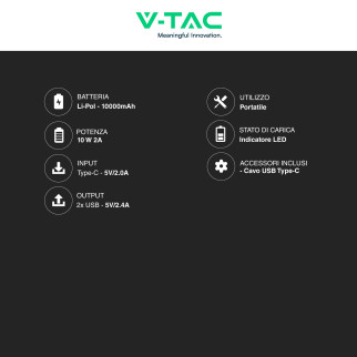 VT-3527 Power Bank 10000mAh Portatile Ricarica Rapida V-Tac