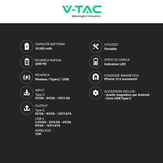 VT-3529 Power Bank a Ricarica Rapida 10000mAh MagSafe V-Tac