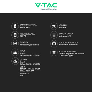 VT-3529 Power Bank a Ricarica Rapida 10000mAh MagSafe V-Tac