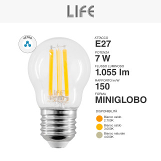 Life Lampadina LED E27 7W MiniGlobo G45 Filament in Vetro