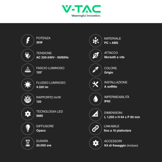 VT-1253S Tubo Plafoniera LED SMD 36W IP65 120cm V-Tac