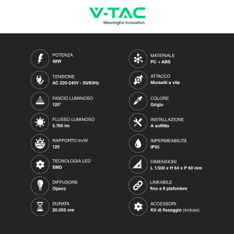 VT-1254 Tubo Plafoniera LED SMD 48W IP65 150cm V-Tac