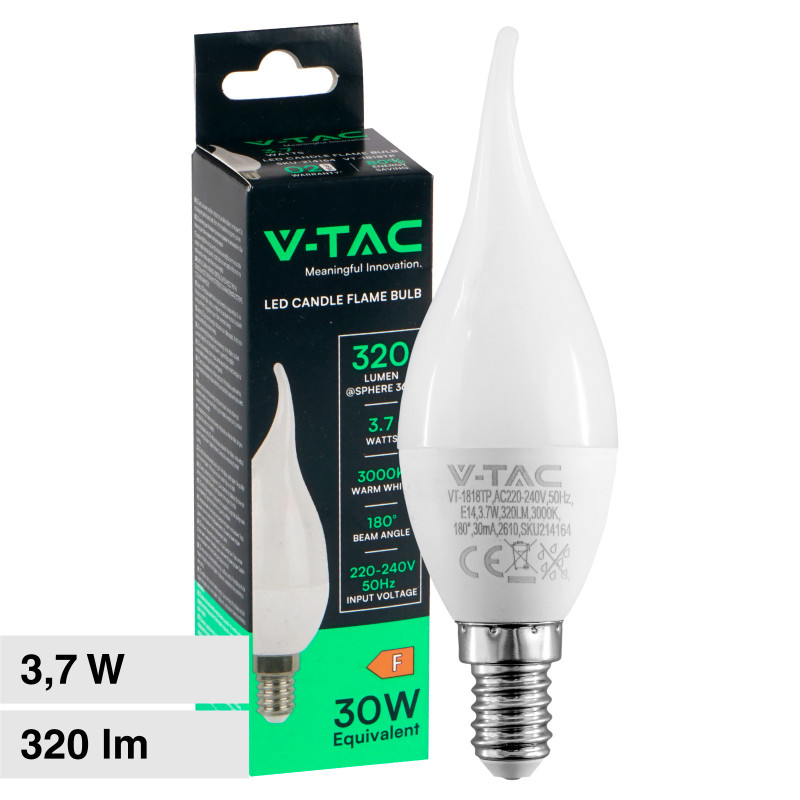 V-Tac VT-1818TP Lampadina LED SMD E14 3,7W C37 Candela Fiamma V-Tac