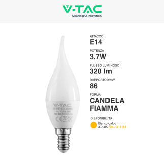 V-Tac VT-1818TP Lampadina LED SMD E14 3,7W C37 Candela Fiamma V-Tac