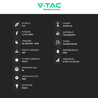 V-Tac VT-1818TP Lampadina LED SMD E14 3,7W C37 Candela Fiamma V-Tac