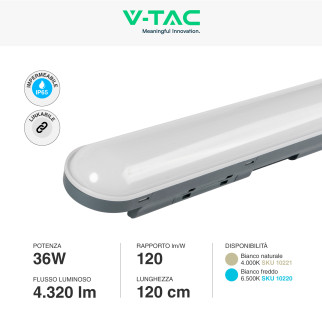VT-1253 Tubo Plafoniera LED SMD 36W IP65 120cm V-Tac