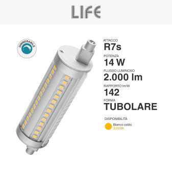 Lampadina LED R7s 14W Tubolare L118 SMD Dimmerabile