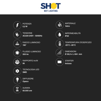 Tubo LED T8 G13 5,2W 60cm con Starter per Carni Bot Lighting Shot