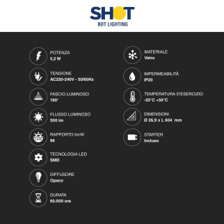 Tubo LED T8 G13 5,2W 60cm con Starter per Carni Bot Lighting Shot