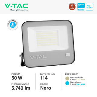 VT-4455 Faro LED 50W SMD IP65 Chip Samsung Colore Nero V-Tac Pro