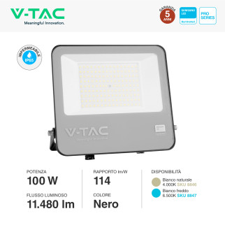 VT-44101 Faro LED 100W SMD Chip Samsung IP65 Nero V-Tac Pro