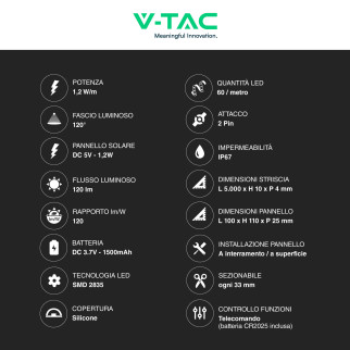 VT-2835 Striscia LED SMD con Pannello Solare e Telecomando 6W V-Tac
