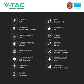 VT-8033RD Plafoniera LED Rotonda 15W SMD Chip Samsung V-Tac