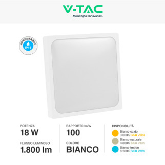 VT-8618 Plafoniera LED Quadrata 18W SMD IP44 Bianca V-Tac