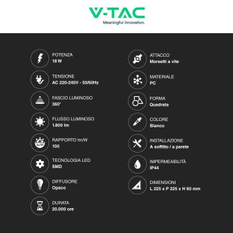 VT-8618 Plafoniera LED Quadrata 18W SMD IP44 Bianca V-Tac