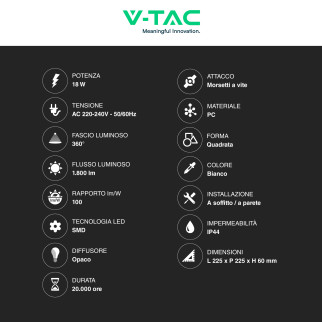 VT-8618 Plafoniera LED Quadrata 18W SMD IP44 Bianca V-Tac