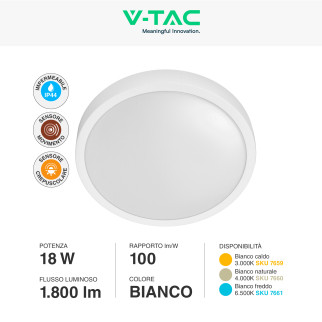VT-8618S Plafoniera LED Sensore 18W SMD IP44 Bianca V-Tac