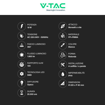 VT-8618S Plafoniera LED Sensore 18W SMD IP44 Bianca V-Tac