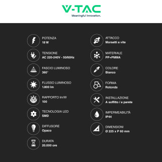 VT-8618S Plafoniera LED Sensore 18W SMD IP44 Bianca V-Tac