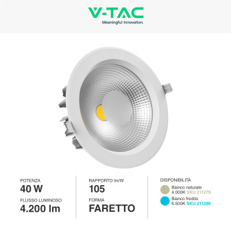 VT-26451 Faretto LED COB Rotondo da Incasso 40W Bianco V-Tac