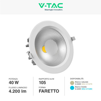 VT-26451 Faretto LED COB Rotondo da Incasso 40W Bianco V-Tac
