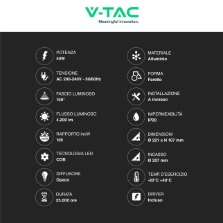 VT-26451 Faretto LED COB Rotondo da Incasso 40W Bianco V-Tac