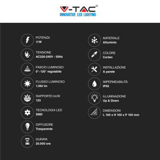VT-759-12 Lampada LED da Muro 11W SMD Applique IP65 V-Tac