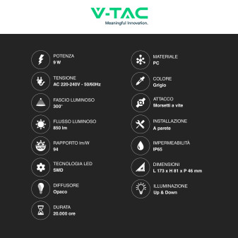 VT-8056 Lampada LED da Muro 9W SMD IP65 Colore Grigio V-Tac