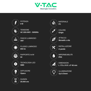 VT-8056 Lampada LED da Muro 9W SMD IP65 Colore Grigio V-Tac