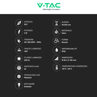 VT-2154 Lampadina LED E27 4W A60 Vetro Ambrato V-Tac