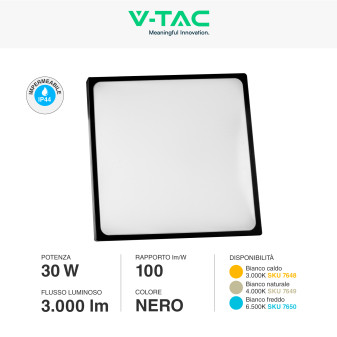 VT-8630 Plafoniera LED Quadrata 30W SMD IP44 Nera V-Tac