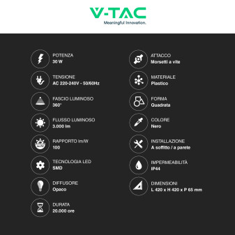 VT-8630 Plafoniera LED Quadrata 30W SMD IP44 Nera V-Tac