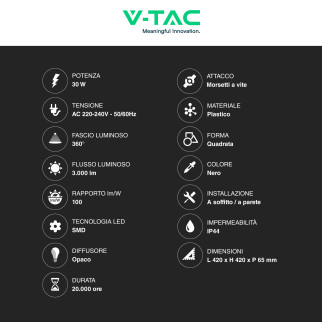 VT-8630 Plafoniera LED Quadrata 30W SMD IP44 Nera V-Tac