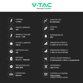 VT-2835 Striscia LED RGB con Pannello Solare e Telecomando 6W V-Tac
