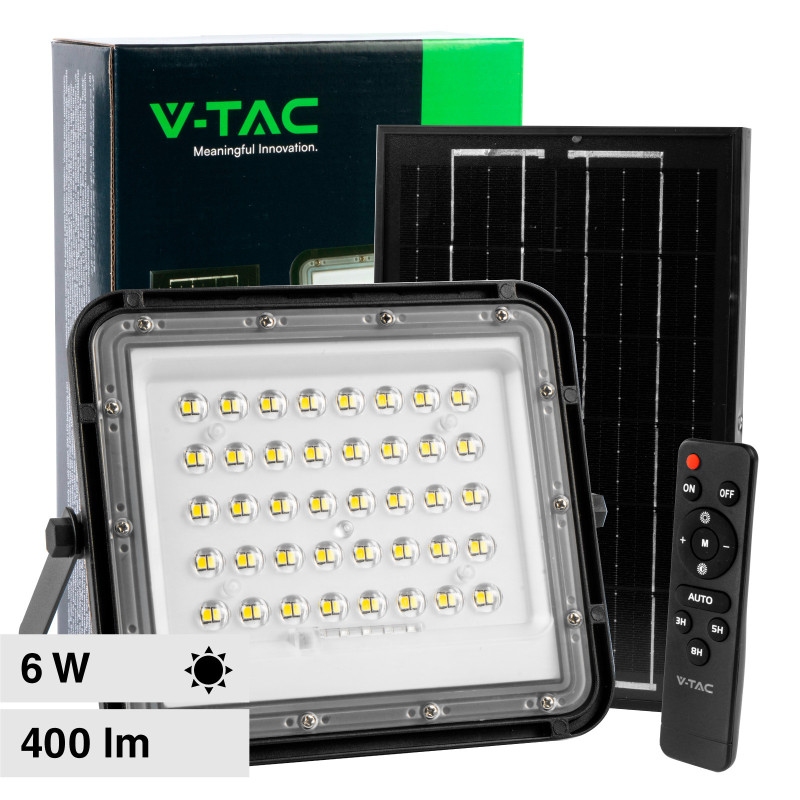VT-40W Faro LED 6W IP65 Nero Pannello Solare e Telecomando V-Tac