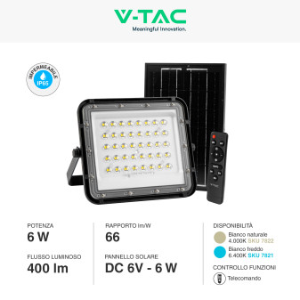 VT-40W Faro LED 6W IP65 Nero Pannello Solare e Telecomando V-Tac