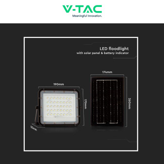VT-40W Faro LED 6W IP65 Nero Pannello Solare e Telecomando V-Tac