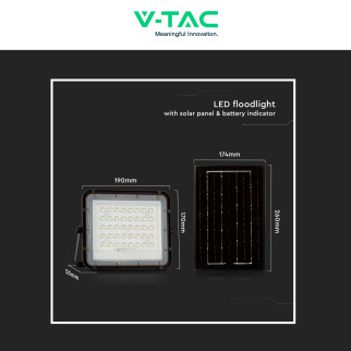 VT-40W Faro LED 6W IP65 Nero Pannello Solare e Telecomando V-Tac
