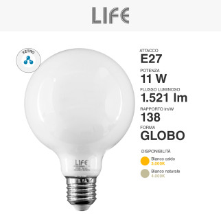 Lampadina LED E27 11W Globo G95 Filament in Vetro Milky Life