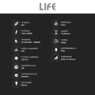 Lampadina LED E27 11W Globo G95 Filament in Vetro Milky Life