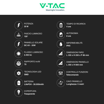 VT-100W Faro LED 35W IP65 Pannello Solare con Telecomando V-Tac