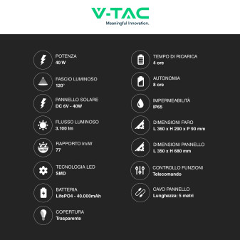 VT-200W Faro LED 40W IP65 Pannello Solare con Telecomando V-Tac
