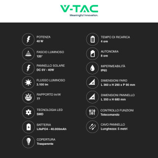 VT-200W Faro LED 40W IP65 Pannello Solare con Telecomando V-Tac