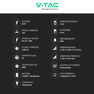 VT-300W Faro LED 50W IP65 Pannello Solare con Telecomando V-Tac